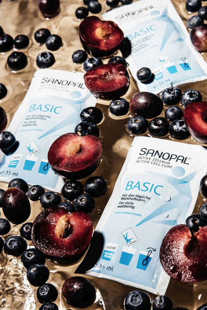 Sanopal Basic Sachets umgeben von frischen Pflaumen und Heidelbeeren – Aktive Zellkur mit natürlichem Fruchtgeschmack für den täglichen Energiestoffwechsel