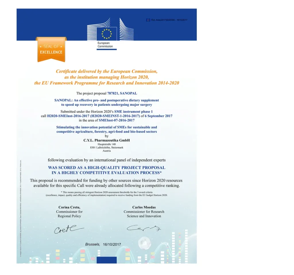 EU Seal of Excellence Zertifikat der Europäischen Kommission für Sanopal – Horizon 2020 Auszeichnung für das Forschungsprojekt zur prä- und postoperativen Ernährungsunterstützung bei großen chirurgischen Eingriffen, ausgestellt an C.Y.L. Pharmazeutika GmbH, Lannach, Österreich