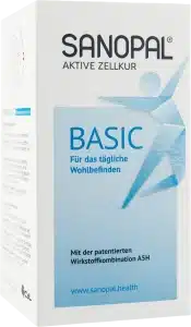 Frontansicht der SANOPAL FORTE Verpackung – eine Aktive Zellkur für außergewöhnliche Belastungen mit den Wirkstoffen A-KGS und 5-HMF, die laut Packungstext oxidativen Stress reduzieren und die Sauerstoffversorgung der Zellen optimieren sollen.