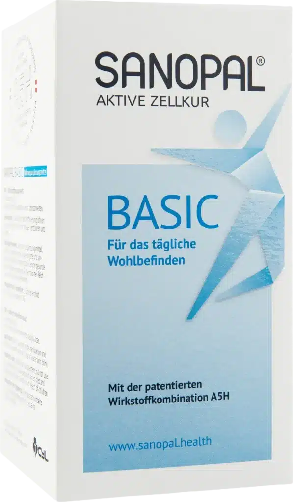 Frontansicht der SANOPAL FORTE Verpackung – eine Aktive Zellkur für außergewöhnliche Belastungen mit den Wirkstoffen A-KGS und 5-HMF, die laut Packungstext oxidativen Stress reduzieren und die Sauerstoffversorgung der Zellen optimieren sollen.