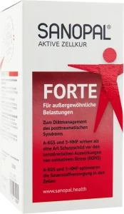 Frontansicht der SANOPAL FORTE Verpackung – eine Aktive Zellkur für außergewöhnliche Belastungen mit den Wirkstoffen A-KGS und 5-HMF, die laut Packungstext oxidativen Stress reduzieren und die Sauerstoffversorgung der Zellen optimieren sollen.