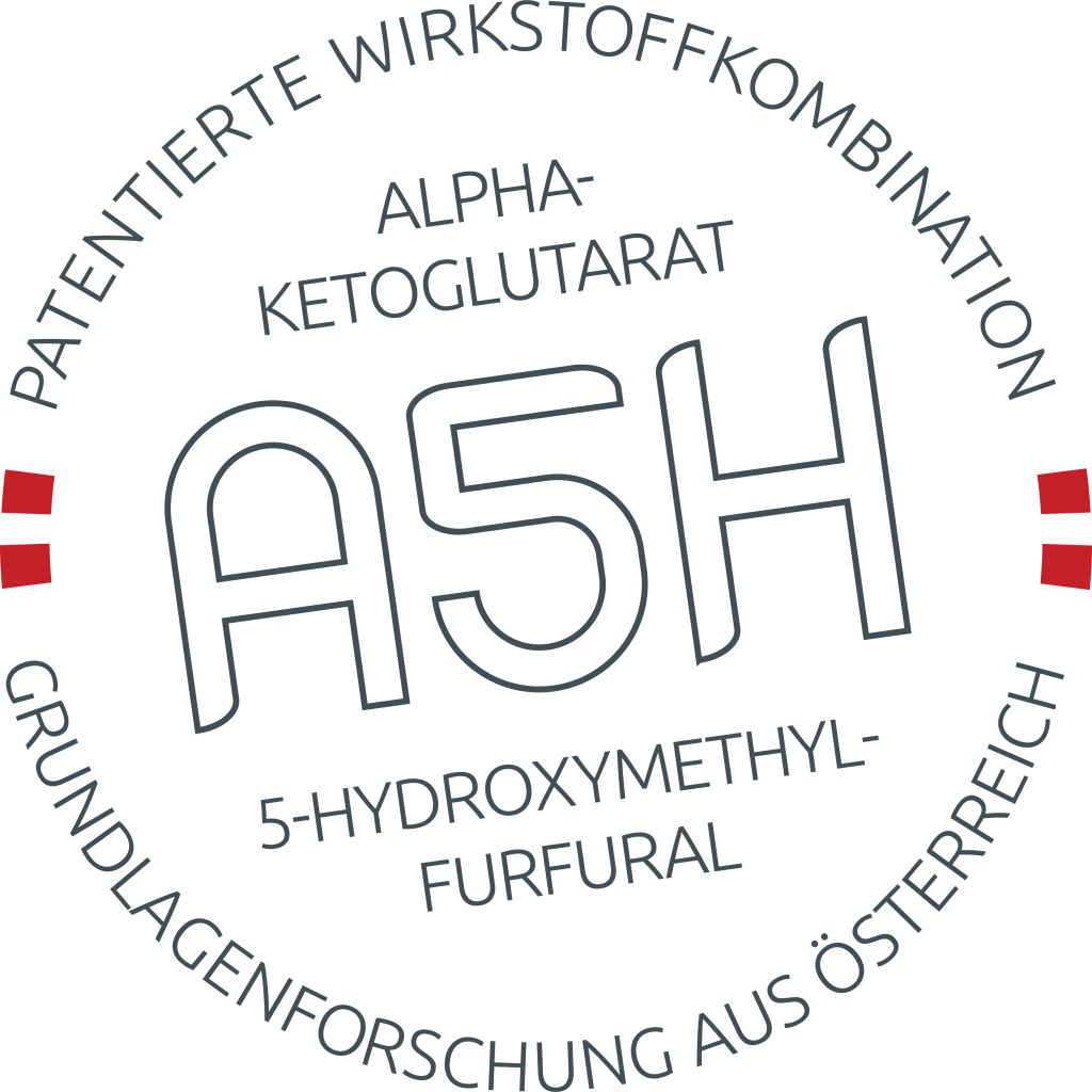 Siegel der patentierten A5H-Wirkstoffkombination aus Alpha-Ketoglutarat und 5-Hydroxymethylfurfural – Grundlagenforschung aus Österreich, Sanopal Aktive Zellkur